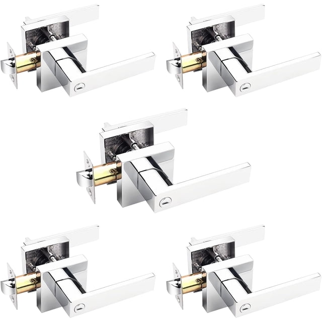 Square Privacy Door Levers Keyless Chrome Door Handle Indoor Door Handles Interior Bed/Bath Door Lever Handleset Reversible for Left Right Sided Doors
