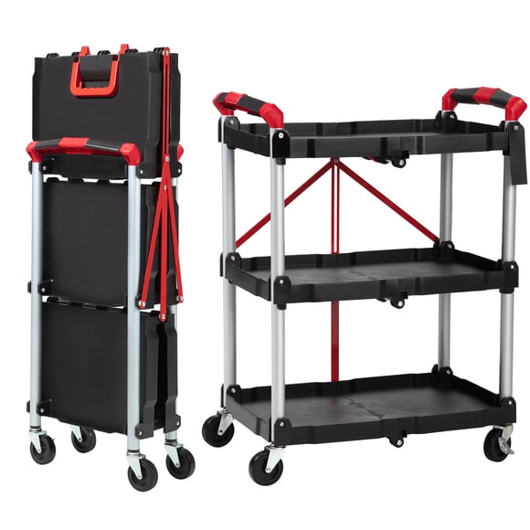 Folding Utility Cart, 3 Tier 56Lbs Heavy Duty Plastic Rolling Cart with 360° Swivel Wheels (2 with Brakes), Folding Collapsible Service Cart with Wheels for Office Warehouse Home, Black
