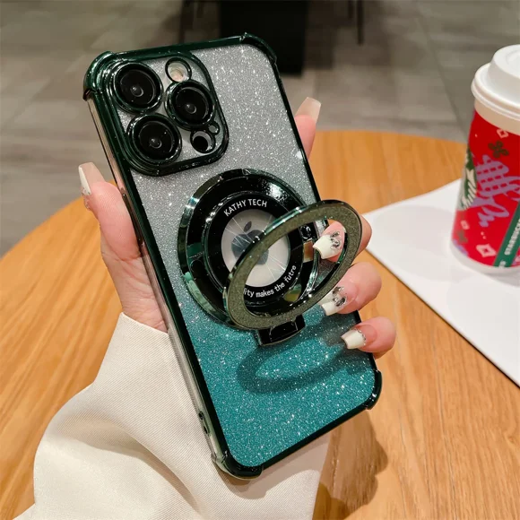 Luxury Bling Glitter Electroplate Ring Holder Phone Case For iPhone 15 11 12 13 14 Pro Max Plus Magsafe Magnetic Bracket Cover Green SF For iPhone 14 Plus