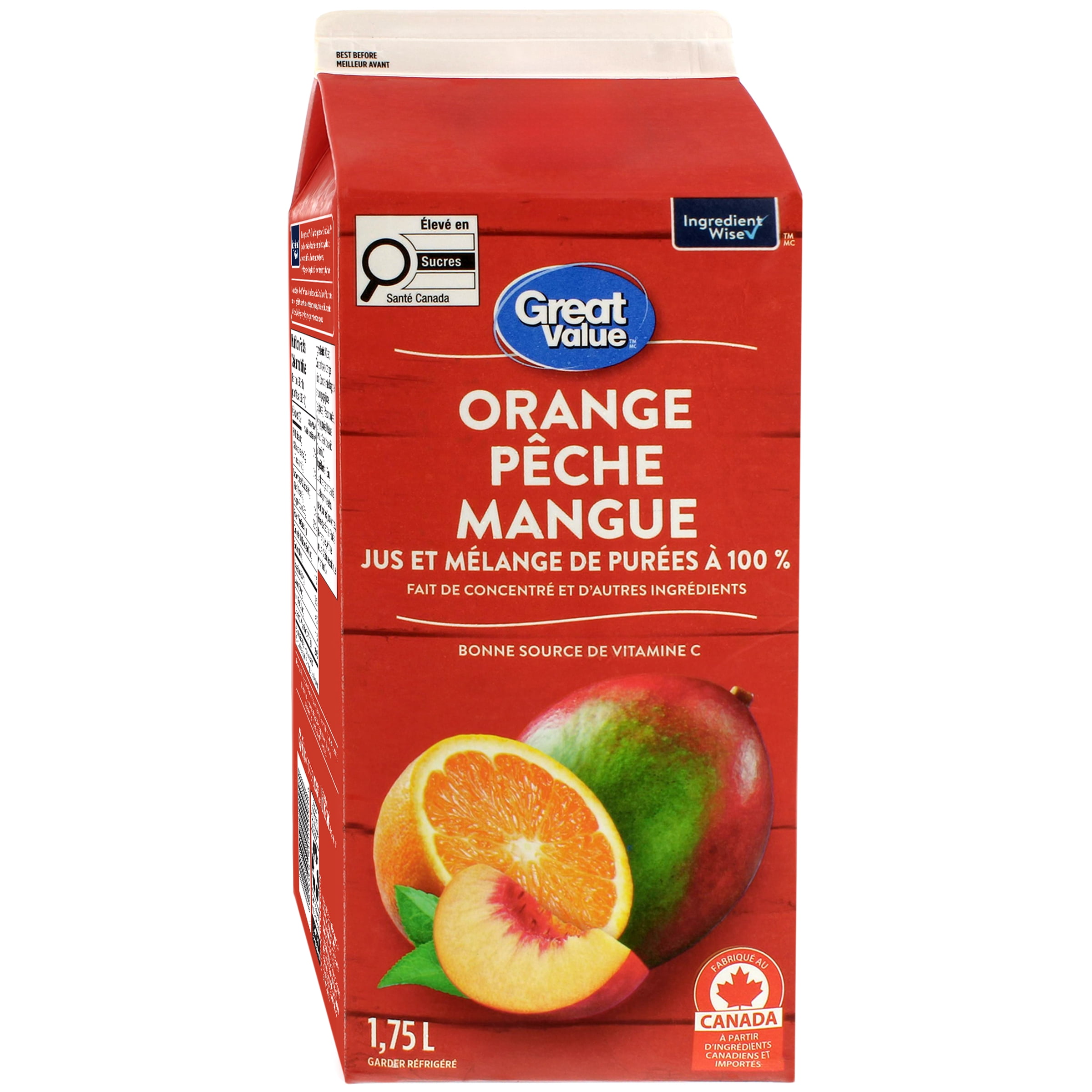 Great Value Orange Pêche Mangue Jus à 100 % & Mélange de Purées Fait de Concentré et d'Autres Ingrédients