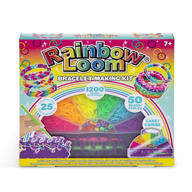 Rainbow Loom Beadstation bracelet making kit with 1,200 rainbow-colored bands, 50 beads, 50 C-clips, Rainbow Loom, two hooks, and easy instructions stored in a portable organizing case, perfect for kids craft kits and fine motor skill development.
