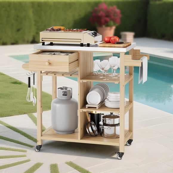 Portable Wood Grill Cart – Outdoor Patio & Garden – Stainless Steel Top – Drawer, Cabinet & Shelves – Rolling Kitchen Prep Table – Lockable Wheels – Natural Wood