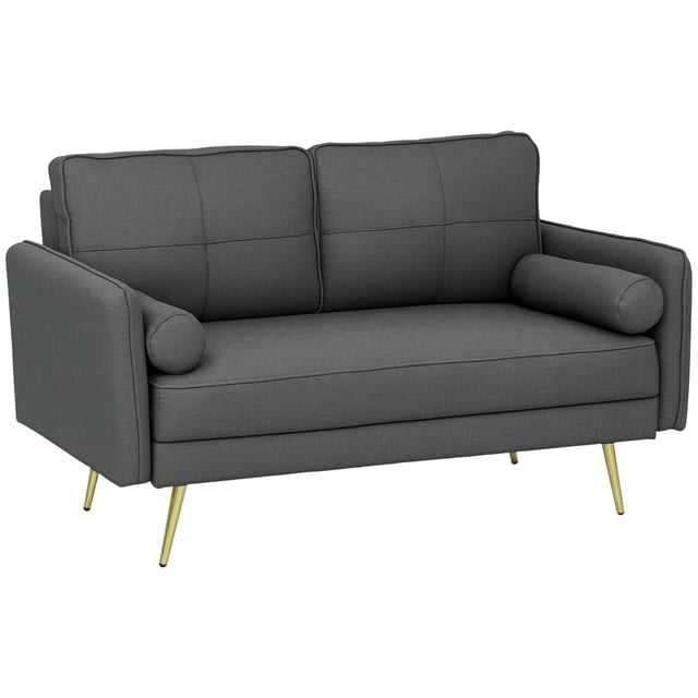 HOMCOM Causeuse 56 Pouces, Canapé 2 Places avec Coussins de Dossier, Gris Foncé. Causeuse Compacte avec Tissu Respirant Effet Lin, Siège Épais Rembourré de Mousse avec Ressorts en S, et Bandes de Résistance pour le Confort. Comprend Deux Coussins de Dossier et Deux Oreillers avec Housses Amovibles. Soutenu par un Cadre en Bois d'Eucalyptus et des Pattes en Acier Doré. Convient aux Petits Espaces, Salons Ou Chambres.