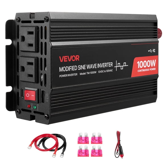 VEVOR 1000W Power Inverter, 12V DC to 120V AC Modified Sine Wave Inverter, Car Charger Converter with USB & Type-C Port, 2 AC Outlets, LED Indicator Light