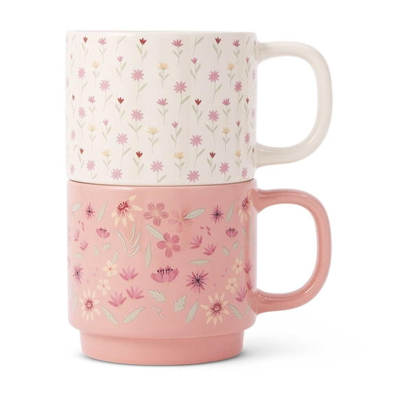 Lot de 2 tasses empilables en grès à motif floral rose et blanc de 410 ml