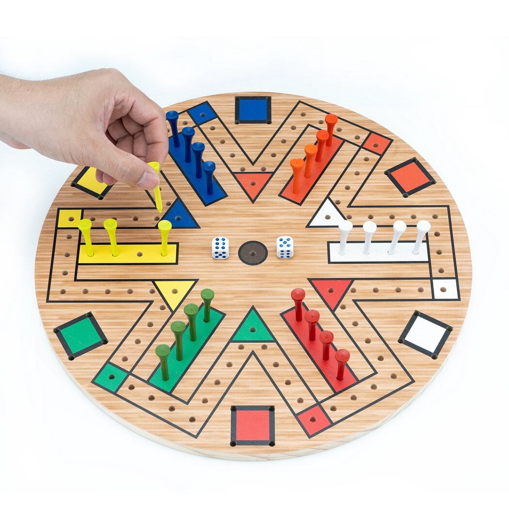 Fast Track Board Game, Peg Game Wooden Board with 24 Colored Pegs & 2 Dices, Fast Track Game for 6 Players, Family Friends Game for Kids Teens Adults, 14 Inches