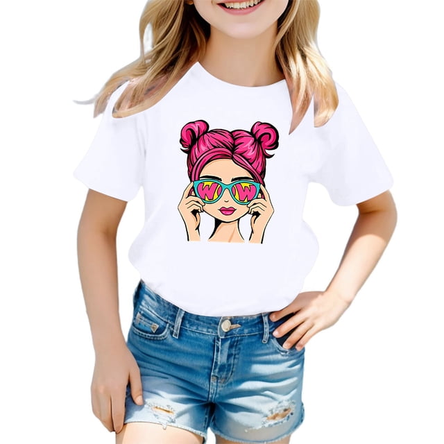 T-shirts et Chemises pour Filles - Adorable T-Shirt à Imprimé Graphique à Col Rond et Manches Courtes pour Filles, Tenue d'Été Décontractée, Mélange Respirant, Coutures Durables pour le Jeu Quotidien