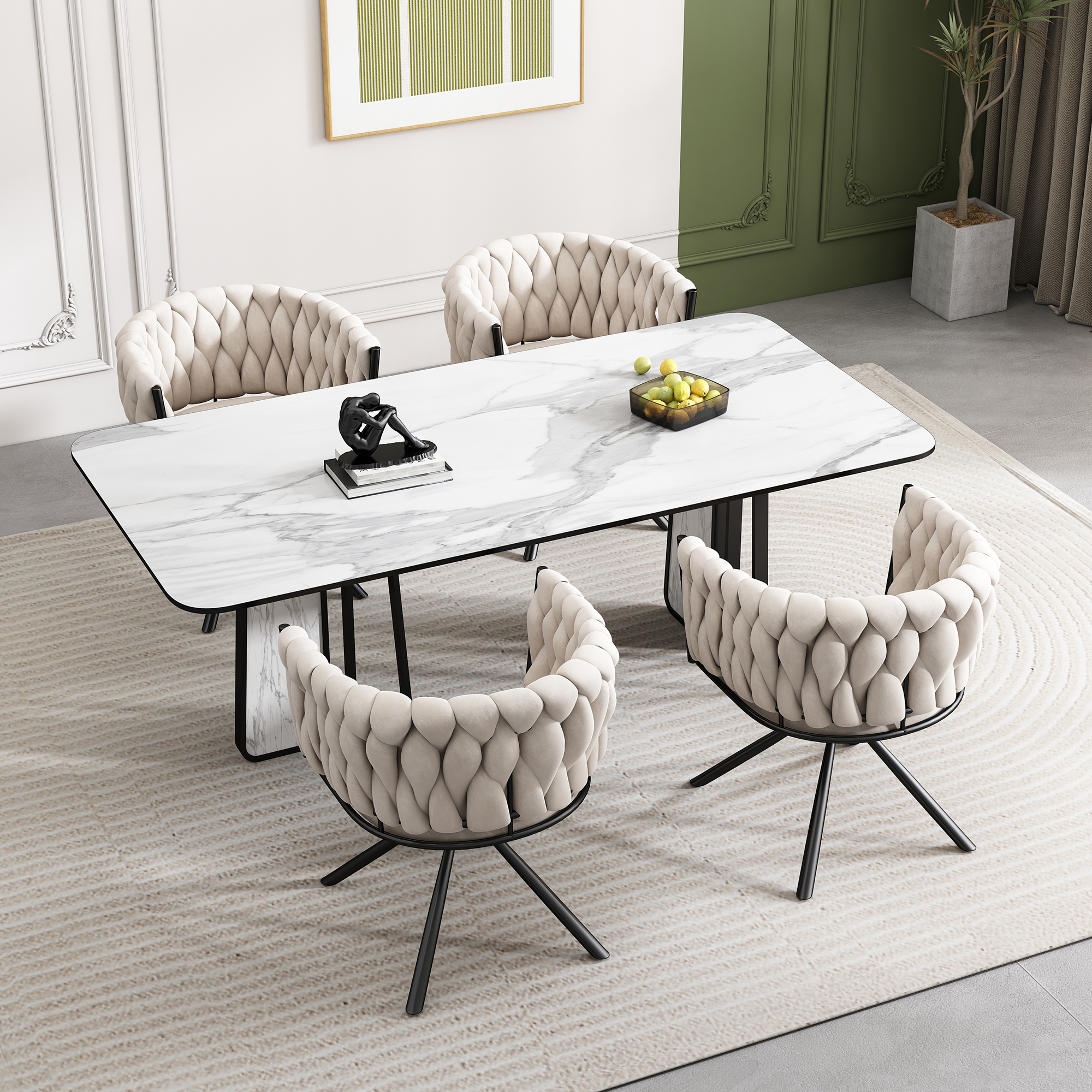 Noble House Ensemble de 4, Chaises de Salle à Manger en Velours, Chaise de Luxe Légère Capitonnée avec Quatre Pieds de Support en Métal, Fonction Pivotante à 360°, Beige