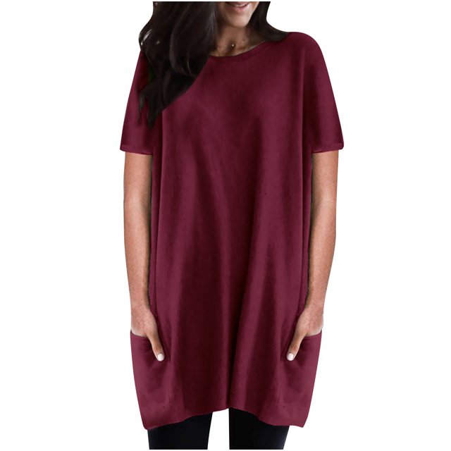 Birdeem Womens Casual Solid Color Round Neck Short Sleeve Loose Tops Blouses with Pocket