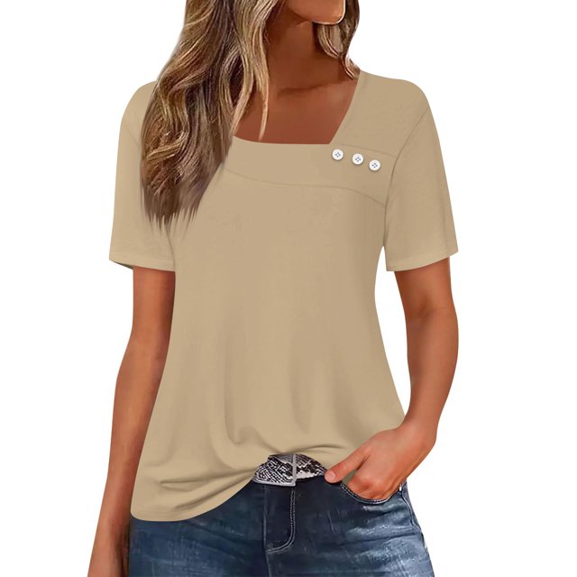 T-shirt à Boutons Col en V pour Femmes Manches Courtes Blouse Décontractée Ample Basique
