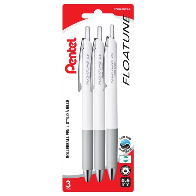 Pentel Floatune Retractable Rollerball Pen pack of 3 with 0.5mm fine black ink tips, white barrels with grey textured grips and silver clips, featuring smooth, fast-drying water-based oil-infused ink ideal for office and school use and detailed note-taking.