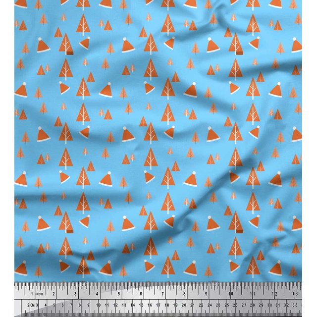 Soimoi Blue Poly Georgette Fabric Santa Cap & Tree Christmas Printed Craft Fabric by the Yard 52 Inch Wide