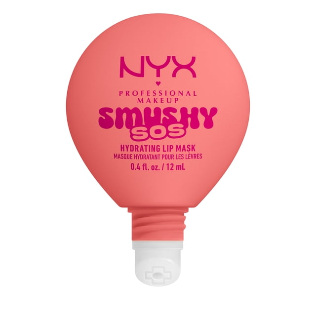 NYX Professional Makeup Smushy SOS, Hydrating Lip Mask front-facing tube with clear gloss showing a pale pink shade and visible soft-tip applicator. Single lip swatch displays glossy, non-sticky shine; product specs note hyaluronic acid formula delivering up to 12 HR hydration and six scented shades. Often used as a glossy topcoat over lipstick.