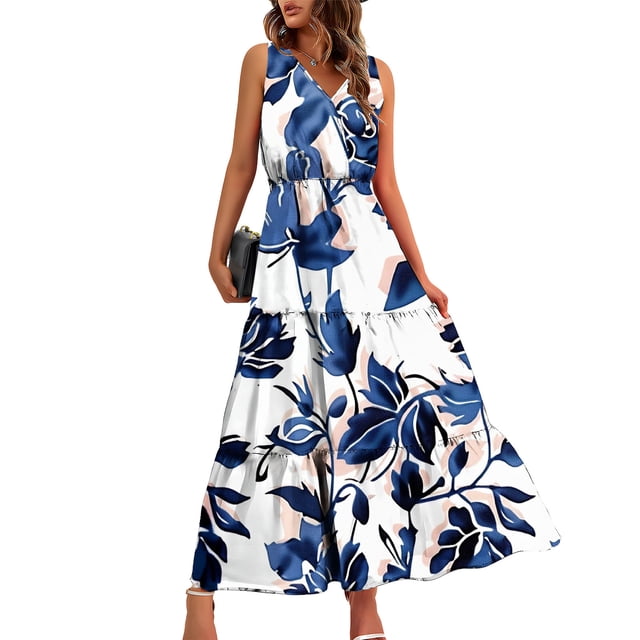 Pisexur Robes pour Femmes à Col en V Sans Manches Robe Maxi Taille Élastique Robe Évasée à Étages Robe d'Été Mode à Imprimé Floral Robe de Bal d'Été Décontractée Ample Longue Robe Confortable Fluide Robe Portefeuille pour Plage Vacances