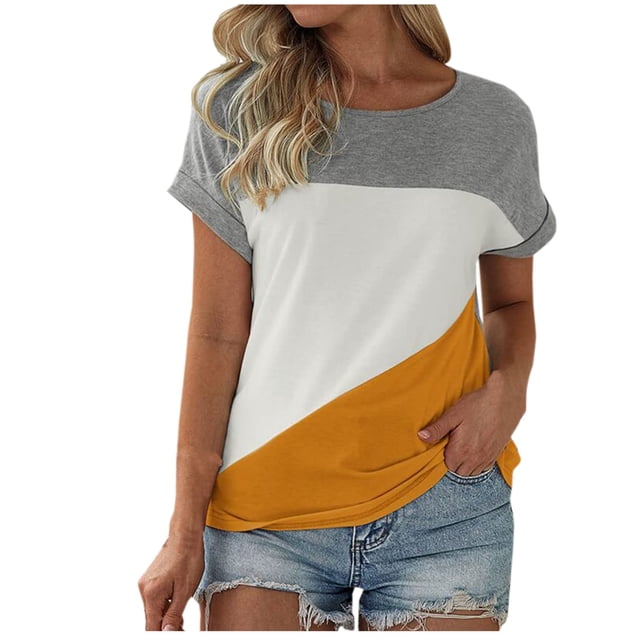 AherBiu T-Shirts pour Femmes à Col Rond à Manches Courtes Hauts Coupe Ample Confortables en Coton Extensible T-Shirts Décontractés à Blocs de Couleur