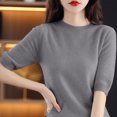 thumbnail image 4 of AherBiu Hauts d'Été pour Femmes Col Rond Manches Mi-Longues Chemises Unies Décontractées Coupe Ample T-Shirts Basiques Blouses, 4 of 5