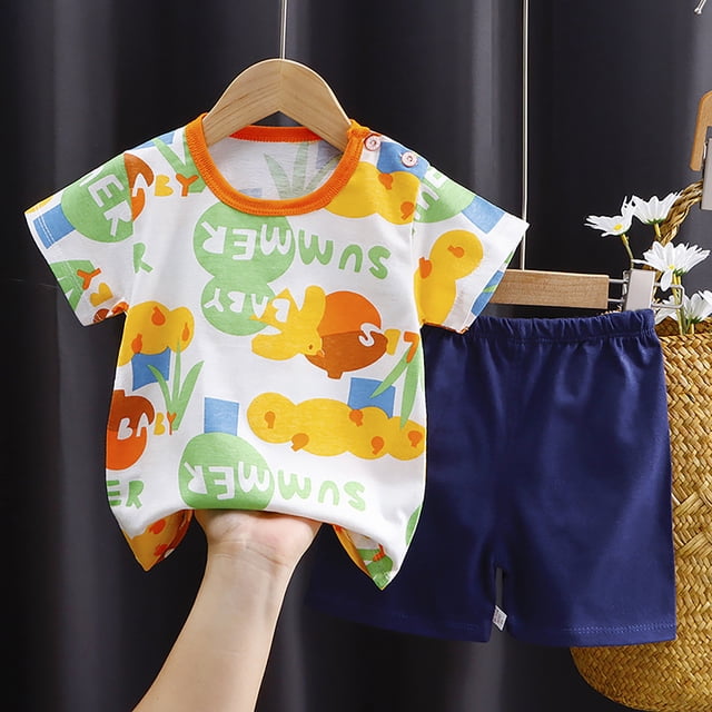 Toddler Boys Summer Outfit Set Two Piece Pajamas with Playful Cartoon and Floral Pattern Designs for Comfortable Bedtime