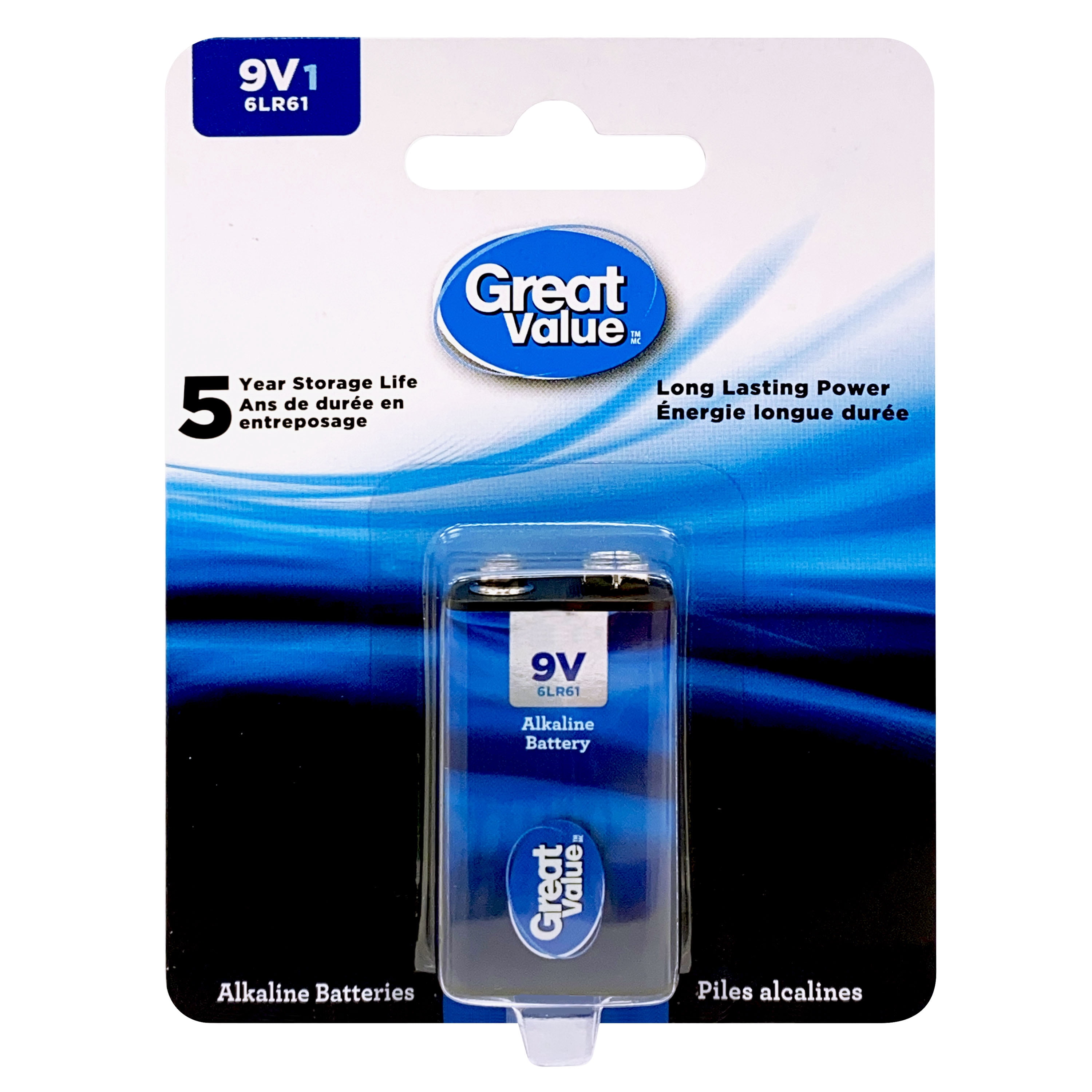 Great Value 9 V 6LR61 Alkaline Battery 1-Pack, 5-year storage life