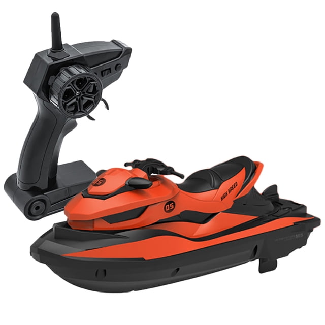 RC Boat Remote Control 2.4G High Speed Racing Boat Pool Toy for Adults Kids in an orange and black design. The boat features a sleek, compact build measuring 23.5 x 9 x 9.5 cm and includes a matching black remote control with a 2.4GHz frequency. Made of durable plastic, it offers forward, backward, left, and right movement, with a speed of 10 km/h and a remote control range of 50 meters. The package includes a rechargeable 3.7V 650mAh battery, spare propellers, a charging line, a bolt driver, and a manual. Ideal for pools and calm water surfaces.