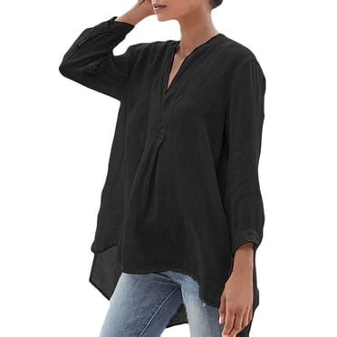 Cotton Linen Tops for Women Summer Solid Color Long Sleeves V-Neck Loose Shirts Ladies Flowy Daily Homewear Blouses (5X-Large, Black)