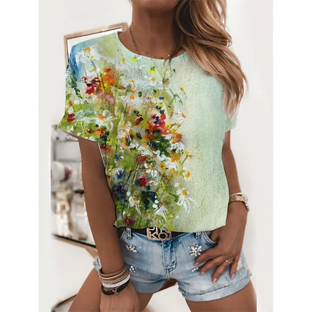 Tee Crewneck And Floral Print Scrub Milk Silk Tee
