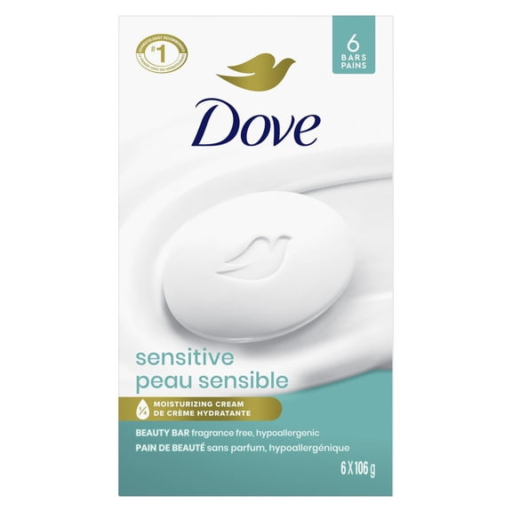 Dove Beauty Bar 1/4 Moisturizing Cream Fragrance-Free Sensitive, 106 g (6 bars)