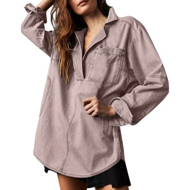 WRKEKC Women's Denim Shacket V Neck Distressed Wash, New Arrival Long Sleeve Western Style Jacket