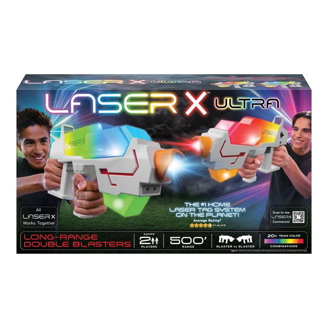 Laser X Ultra - Long Range Double Blasters featuring two white and orange laser tag blasters with glowing blue and red light effects, designed for 2 players with blaster-to-blaster play and 500-foot range, ideal for indoor or outdoor laser tag games with over 20 team color combinations.