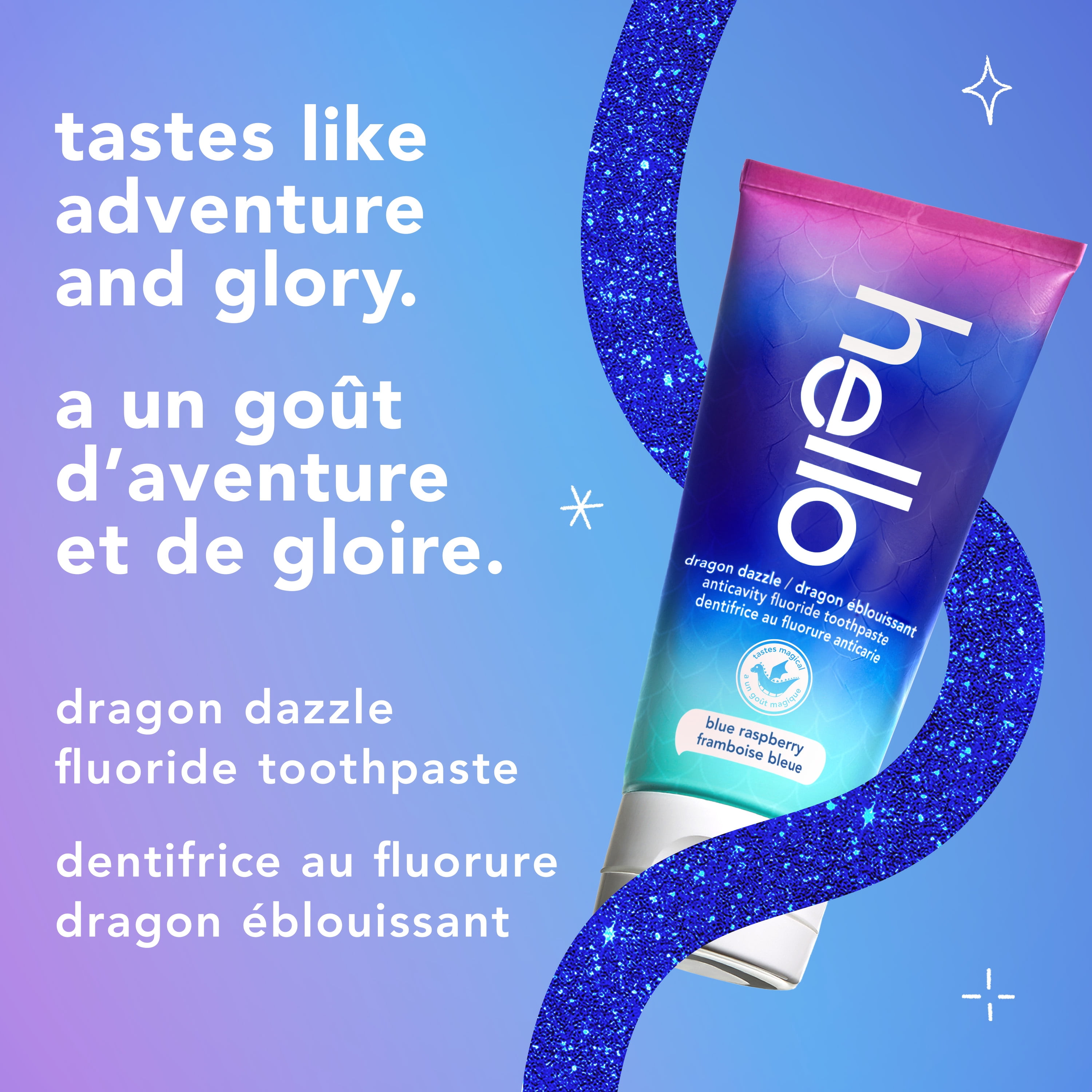 Dentifrice pour enfants Hello Dragon Dazzle au fluorure, dentifrice à la framboise bleue, tube de 199 g