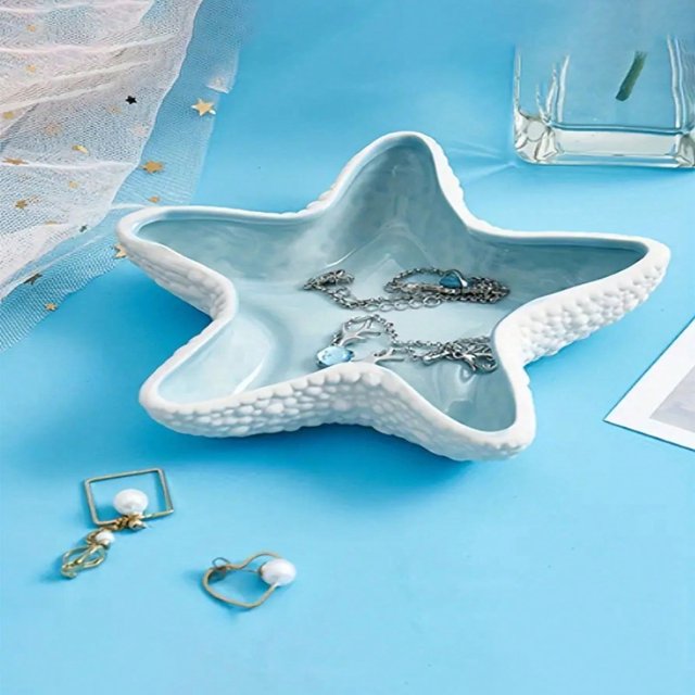CHUANK 1pc Ceramic Jewelry Storage Dish Starfish Sea Shell Shaped Display Tray Luxury Earring Bracelet Storage Showcase Cute Bedside Tray For Home Use