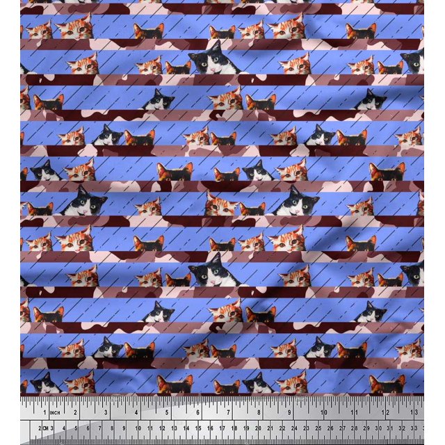 Soimoi Tissu Poly Georgette à Rayures Diagonales et Imprimé Animal Visage de Chat, Tissu au Mètre, 52 Pouces de Large