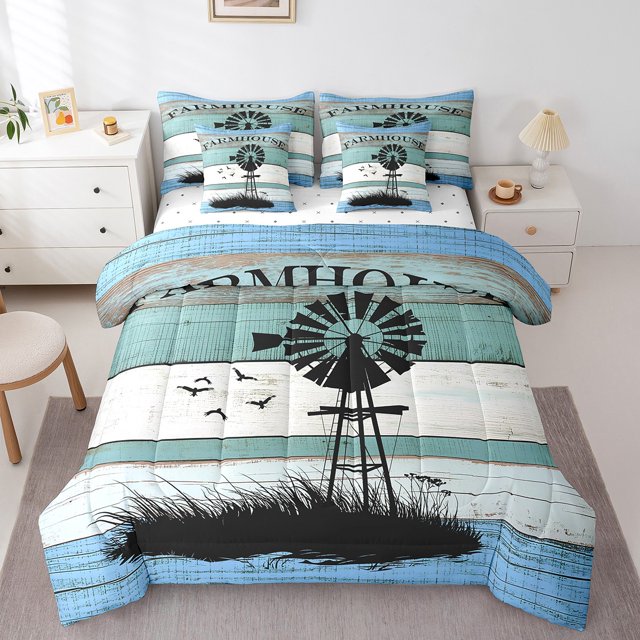 YST Farmhouse Windmill 7-Piece Rustic Comforter Set with Sheets, Full Size, Polyester