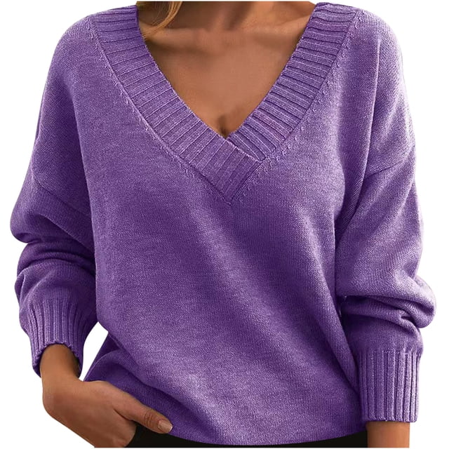 Timegard Hauts pour Femmes Col en V Profond Manches Longues Ample Confortable Chandail à Enfiler Automne Hiver Décontracté Hauts Chandail