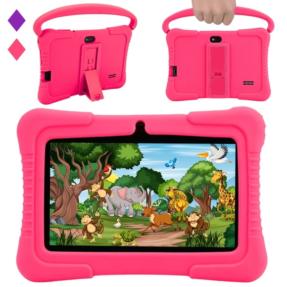 Veidoo Tablette pour Enfants, Tablette Android 7 Pouces pour Enfants 2 Go de Ram 32 Go de Stockage, Tablette pour Tout-Petits avec Écran IPS, Contrôle Parental, Bluetooth, Wi-Fi, Étui Antichoc avec Béquille, Apprentissage (Rose)