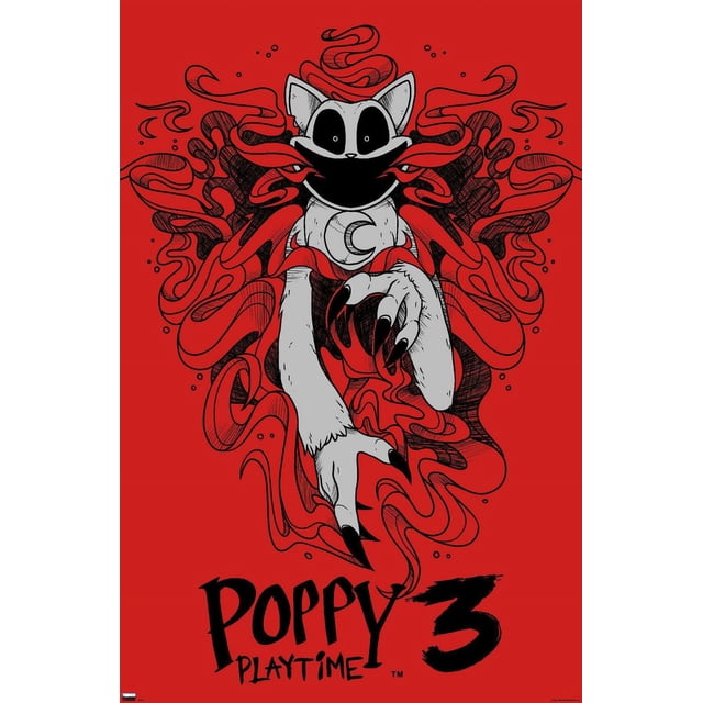 Poppy Playtime: Chapter 3 - Smoke Wall Poster featuring a centered white cat-like figure with large black eyes and sharp black claws emerging from swirling red and black smoke on a red background, with bold black 'Poppy Playtime 3' text at the bottom, ideal as wall art and room decor for bedrooms, offices, or dorms.