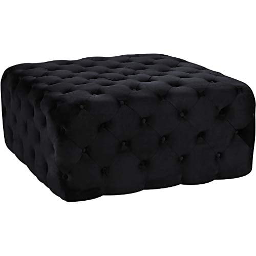 Meridian Furniture Ariel Collection Modern | Contemporary Black Velvet Upholstered Ottoman/Bench with Deep Button Tufting, Solid Wood Frame, Square,