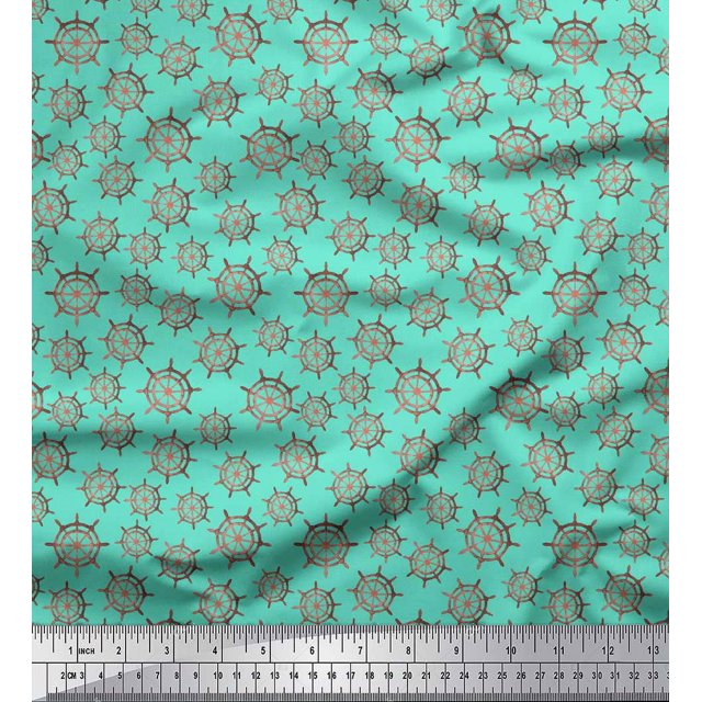 Soimoi Tissu Satin Modal Vert Roue de Navire Tissu à Imprimé Nautique au Mètre 42 Pouces de Large