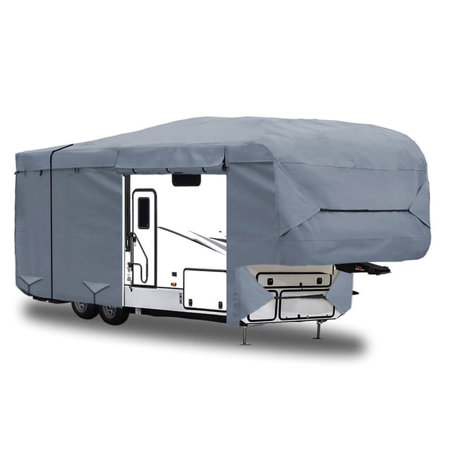 Housse de 5e Roue pour VR, 5 Couches, Convient à 24 Pieds - 26 Pieds, avec Sangles Latérales Renforcées Coupe-Vent, Anti-UV, Résistante à l'Eau, Robuste, pour Autocaravane, Roulotte