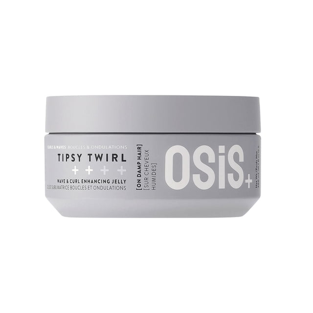 Schwarzkopf Osis+ Tipsy Twirl 300ml, a wave and curl enhancing jelly in a sleek grey container with bold white branding. Designed to define natural curls and waves with medium hold, it features a vegan formula, lightweight volume, and humidity protection. Ideal for taming frizz and creating soft, manageable hair.
