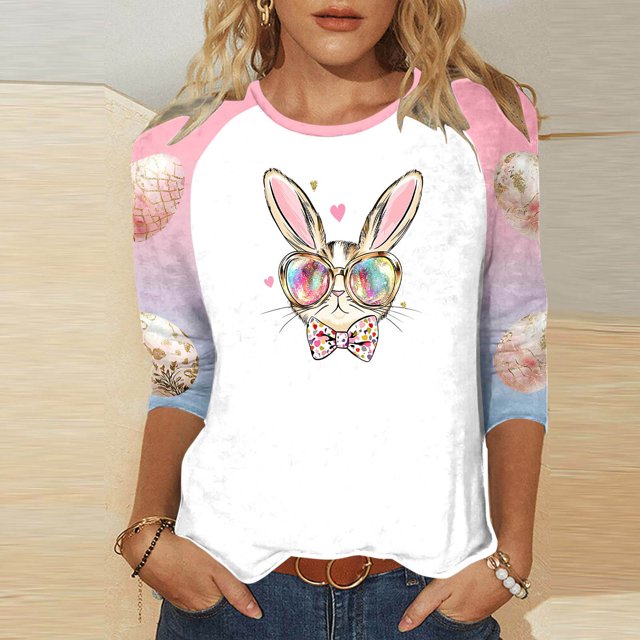 UPPADA Bunny T-Shirts de Pâques pour Femmes Lapin Oeuf Imprimé T-Shirts Manches 3/4 Col Rond T-Shirts d'Été Décontractés Mignons T-Shirts Graphiques Chandail Confortable Haut Rose,m