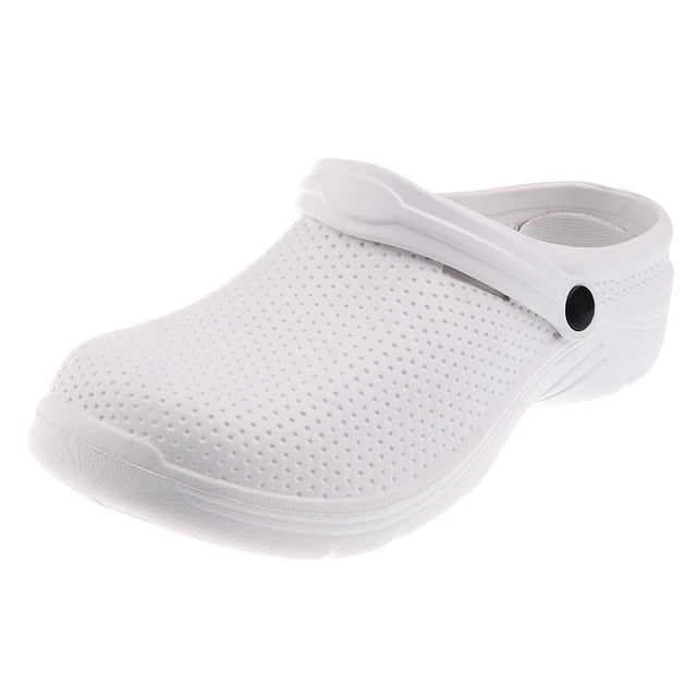 Mens Womens Nurse Shoes Clogs Lightweight Anti Slip Sandal in white, EU size 37. These slip-on work shoes feature a perforated EVA upper for breathability, a polyurethane slip-resistant, oil-resistant, and non-marking sole, and a lightweight shock-absorbent design. Ideal for kitchens, restaurants, and other work environments.