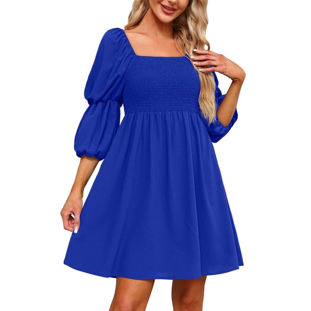 RKSTN Robes pour Femmes Décontractées Col Carré Manches Bouffantes 3/4 Poitrine Froncée Épaules Dénudées Robe Babydoll Mini