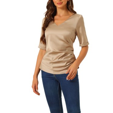 INSPIRE CHIC Blouse Satinée pour Femme Col en V Manches Courtes Taille à Nouer Froncée Élégante Hauts de Travail Champagne S