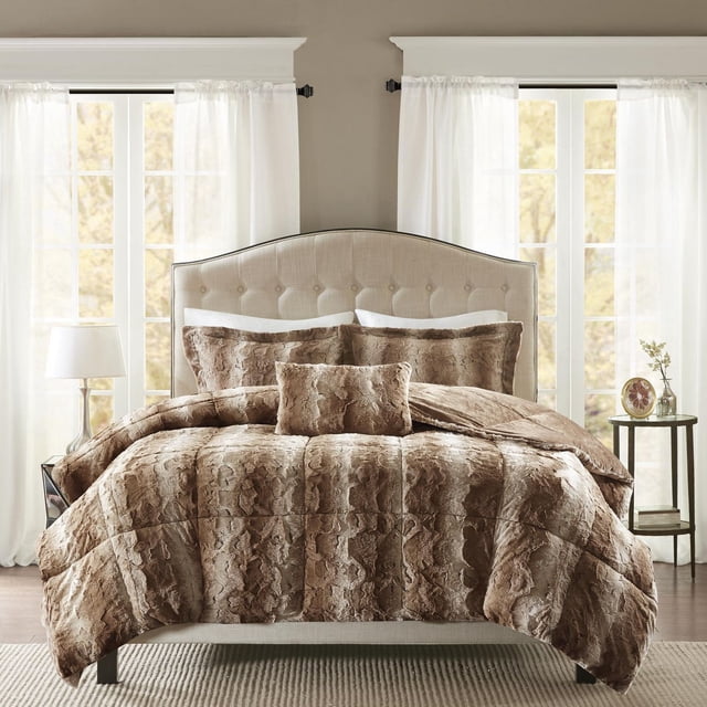 Home Essence Marselle Comforter Set on a beige tufted headboard bed, featuring a machine-washable soft faux fur comforter with subtle brown stripe pattern and matching shams, plus an oblong decorative pillow, in a sunlit room with sheer white curtains and neutral walls, suitable for adding warmth and texture to bedroom decor.