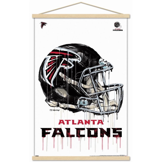 NFL Atlanta Falcons - Affiche Murale de Casque Anti-Goutte 20, 22,375 Pouces x 34 Pouces, Montrant une Vue avant Centrée d'Un Casque de football Noir avec le logo des Atlanta Falcons en Rouge, Blanc et Noir, avec des Effets de Peinture Anti-Goutte sur un Fond Blanc avec un Texte Audacieux Rouge et Noir « Atlanta Falcons » Dessous, Imprimée sur Papier d'Affiche Lustré et Montée avec des Cintres en Bois Clair.