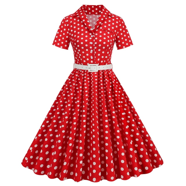 Birdeem Robe de Soirée pour Femme Confortable d'Été à Manches Courtes, Col en V, Vintage, Coupe Régulière, Imprimé à Pois