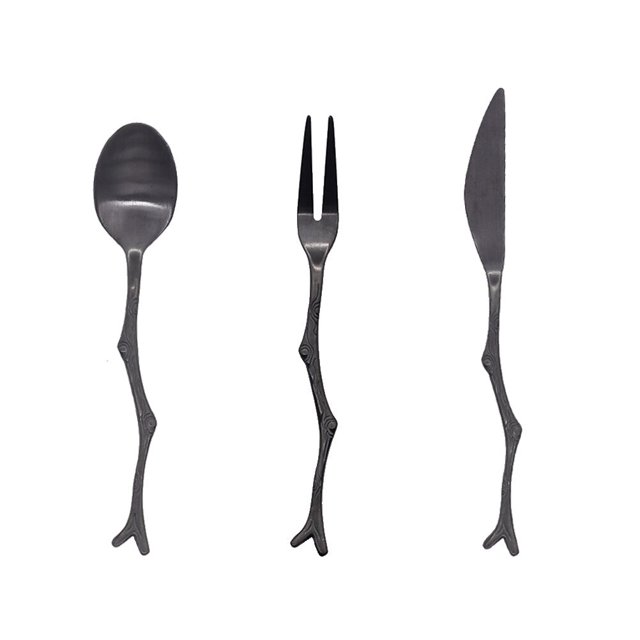 MasteelfCA Ensemble de 3 Pcs Cuillère Fourchette en Acier Inoxydable Vintage Couverts Design Branche d'Arbre Fruit pour Maison Restaurant (Noir)