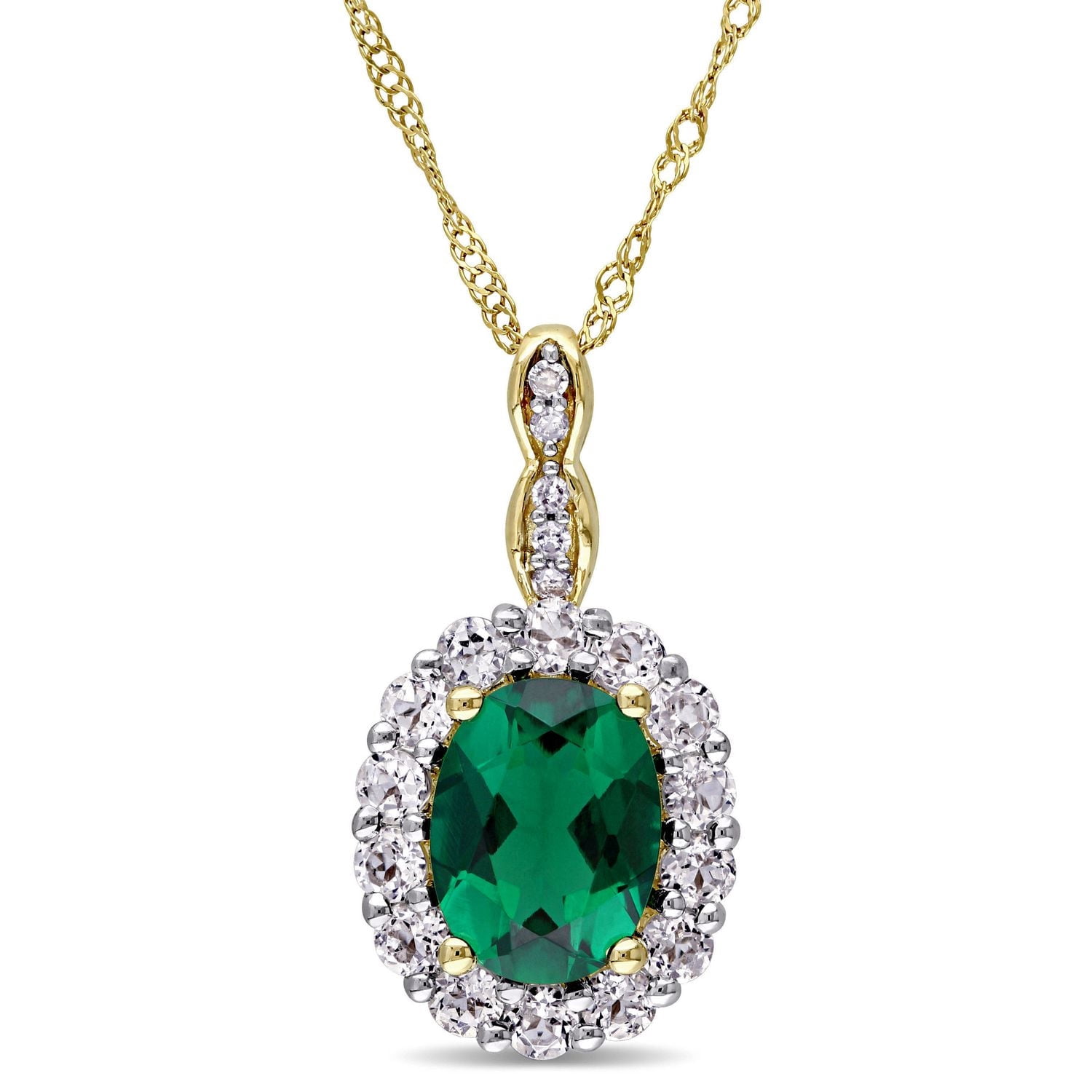 Tangelo 1-5/8 Carat T.G.W. Created Emerald, White Topaz and Diamond-Accent 14 K Yellow Gold Halo Vintage Pendant, 17"