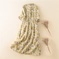 thumbnail image 2 of Meichang Robes en Coton et Lin pour Femmes Tendance à Boutons Robe Bohème Tunique Plissée à Imprimé Floral Col à Revers Robe d'Été Détente Manches Mi-Longues Taille Élastique Robe pour Plage Vacances, 2 of 8