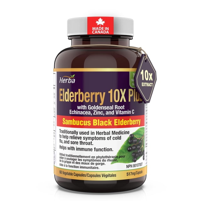 Herba Elderberry Supplément – 2,000mg Équivalents : Sambucus Capsules de mûres agées noires : 10:1 Extrait avec l'échinacée et la racine de seigle d'or, vitamine C et zinc 60 Capsules de légumes